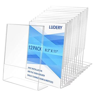 Ludery 85x11 Inches Acrylic Sign Slant Back Holder Plastic Display StandBrochure Holder Table Top Sign Holder For Office Home Store Restaurant12pack