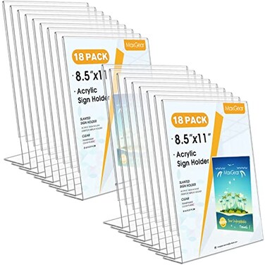 MaxGear Acrylic Sign Holder 85 X 11 Plastic Paper Holder With Vertical Slanted Back Picture Photo Frames Display Stand Flyer and Document Organizer for Office Desktop Use18 Pack