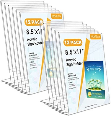 MaxGear Acrylic Sign Holder 85 x 11 Inches Clear Sign Holders Plastic Display Stand Slant Back Countertop Display Picture Frames for Menus Flyer Use In Office Store 12 Pack