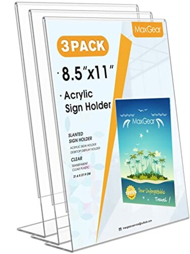 MaxGear Acrylic Sign Holder Clear Sign Holders Plastic Display Stand 85 x 11 Inches Slant Back Countertop Display Picture Frames for Menus Flyer Use In Office Store 3 Pack
