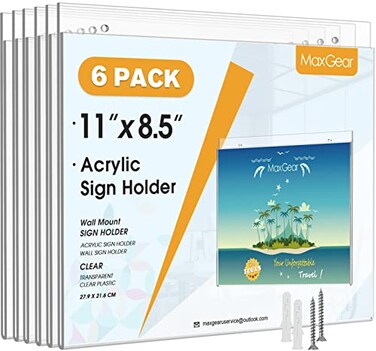 MaxGear Wall Mount Sign Holder 85 x 11 Inch Clear Plastic Picture Frames with Mounting Screws Door Sign Holders and Document Display Frame for Home Office Store Landscape 6 Pack