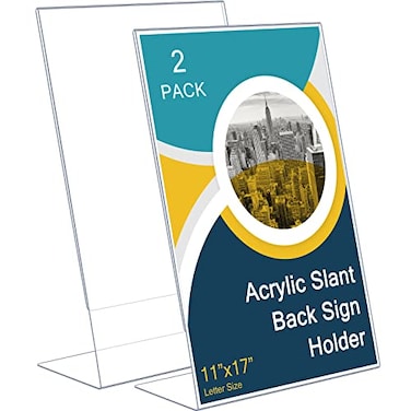 Sanwuta 2 Pack Acrylic Sign HolderSlant Sign Display StandTransparent Flyer Holder Frame Plastic Document Display for Workers Teachers Office Home Menu Desktop11 x 17 Inch