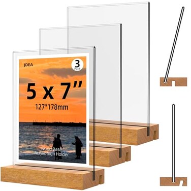 JDEA 5x7 Inch Acrylic Sign Holder with Wood Base Vertical and Slant Displays3 Pack 57