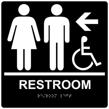 ComplianceSignscom Wheelchair Accessible Restroom Left Sign ADACompliant Braille and Raised Letters 9x9 in Black Acrylic with Mounting Strips