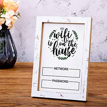 Kathfly WiFi Password Sign for Home White WiFi Pattern Board Rustic Cute Worn Wood Frame with Writable Surface Wooden Network Sign for Guest Business Table Centerpieces Decoration