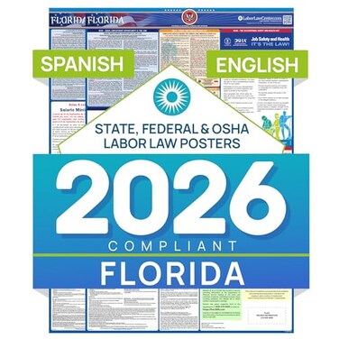 Labor Law Center Florida 2026 Labor Law Posters Bundle English Spanish Compliance Combo OSHA EEOC FMLA Minimum Wage Durable Laminated Waterproof Workplace Employment Posters Made in USA 26 x 395