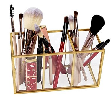 NIUBEE Acrylic Pen Holder 3 Compartments Gold Pencil Organizer Cup for Countertop Desk Accessory Storage