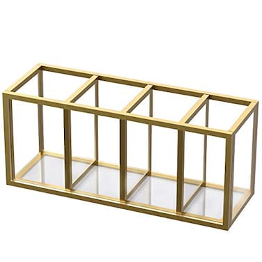 NIUBEE Acrylic Pen Holder 4 Compartments Gold Copper Border Pencil Organizer Cup for Countertop Desk Accessory Storage