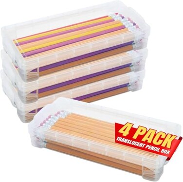 1InTheOffice Pencil Box Stackable Translucent Clear 825 x 15 x 4 Inches 4 Pack