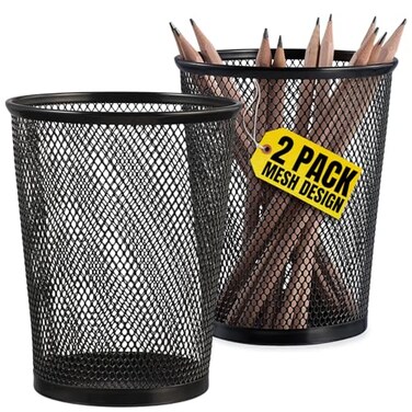 1InTheHome Big Tall Pencil Cup Black Wire Mesh 2 Pack Black Jumbo