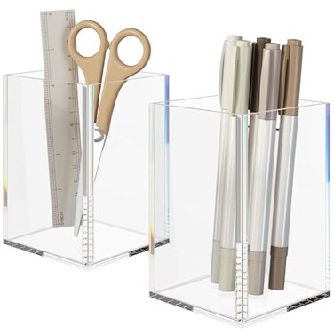 NIUBEE Acrylic Pen Holder 2 PackClear Desktop Pencil Cup Stationery Organizer for Office Desk Accessory