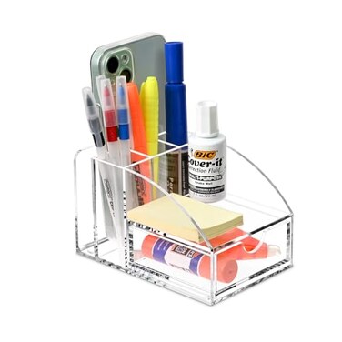 Ikee Design Acrylic Premium Desktop Office Supplies Organizer with Post It Note Pad Holder Mail Storage and 3 Pencil Slots Pencil Holder Office Supplies 3 78 W x 5 78 D x 3 12 H in