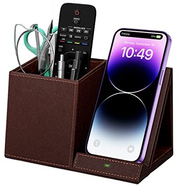 wireless future charger Desk Supplies Organizer MultiFunctional Pencil Pen Holder with Wireless Charger Desktop Stationery Organizer Home Office Supply Storage Box Caddy Brown