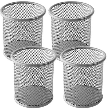 Ameceres 4 Packs Wire Mesh Pencil Holder Metal Pen Cup Desk Pen Organizer Case Pencil Jar Black for Office Home Silver