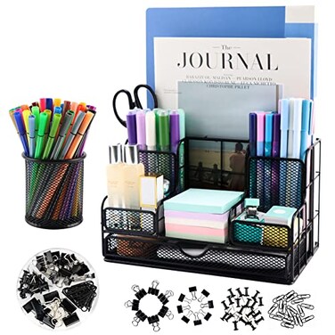BCCICE Desk Organizers Caddy and Accessories with 7 Compartments Pen Holder 72 Clips Set Drawer Black Mesh Office Supplies Desktop Organizer for Home Office Ect