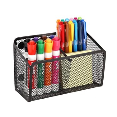 Ameceres Magnetic Pencil Holder Extra Strong Magnets Mesh Marker Holder Perfect for Whiteboard Refrigerator and Locker Accessories 2Compartment 1 Pack