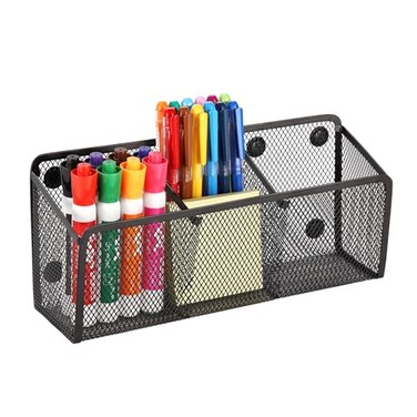 Ameceres Magnetic Pencil Holder Extra Strong Magnets Mesh Marker Holder Perfect for Whiteboard Refrigerator and Locker Accessories 3Compartment 1 Pack