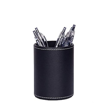 esowemsn 1PC Black PU Leather Round Pencil Pen Cup Holder Stand Desk Organizer Desktop Stationery Container Accessorires for Home School Office
