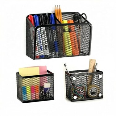 Neudeco Magnetic Locker Organizer Set of 3 Mesh Pencil Holder Storage Basket for Locker Whiteboard and Refrigerator Strong Magnet School Supply OrganizerBlack