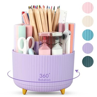 SKYDUE 360 Rotating Purple Pen Art Supply Organizer 5 Slot Desk Organizer for Office School Home