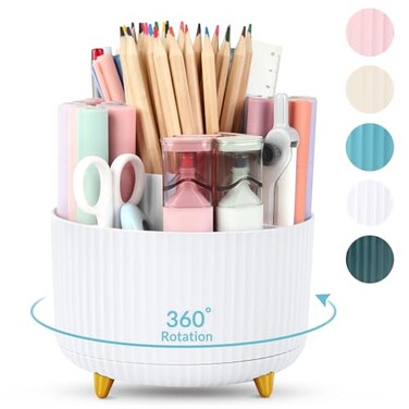 SKYDUE 360 Rotating Organizer DualPurpose Pen Pencil Holder with 5 Slots Suitable for Office School or Home White