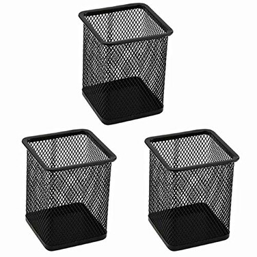 EORTA 3 Pack Square Pen Holders Pencil Holders Black Metal Mesh Pen Pencil Cups Stationery Organizer for Desk