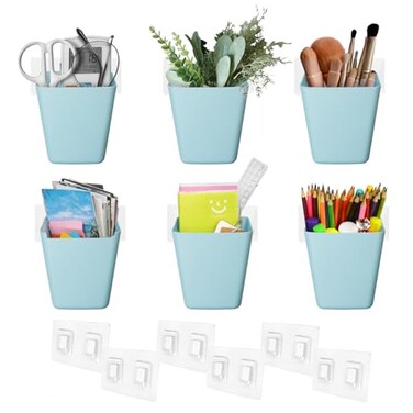 LIGHT DUST Wall Caddy Pen Holders 6 Pack Large Pencil Cups Organizer for Marker Remote Crayon White Board Accessories with Adhesive Stickers Office Home Craft Class Kids Room Art Organization Blue