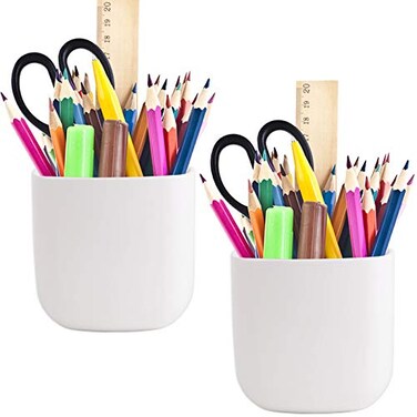 JDYOOMI Pencil Holder SelfAdhesive Wall Mount Pen CupMarker PotWriting Utensil Storage Organizer for FridgeLockerWhiteboardhome and office White 2PcsSet