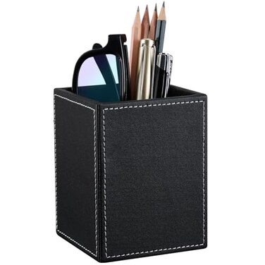 KINGFOM PU Leather Square Pens Pencils Holder Cup Desktop Stationery Organizer Case Office Accessories Container Box black