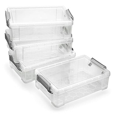 BTSKY 4 Pack Extra Large Plastic Pencil Box Stackable Translucent Clear Pencil Caase Crayon Box Set Marker Organizer Art Supply Storage Organizer for Gel Pens Pencils Erasers Tape Markers etcGrey