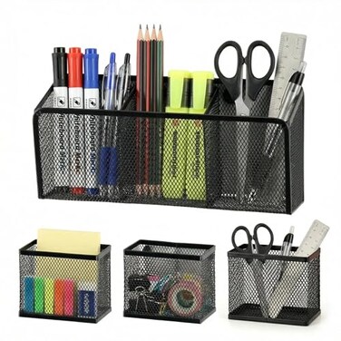 Neudeco Magnetic Pencil Holder Locker Shelf Organizer Metal Mesh Storage Basket for Whiteboard Refrigerator Marks Pens SchoolOffice SuppliesBlack Pack of 4