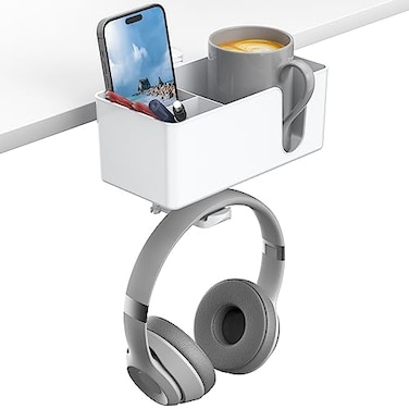 KDD 4in1 Desk Organizer Under Desk Cup Holder and Headphone Hanger with 2 Wire Holes Rotating Hanger and Detachable Storage for Cup Phone and Pen White