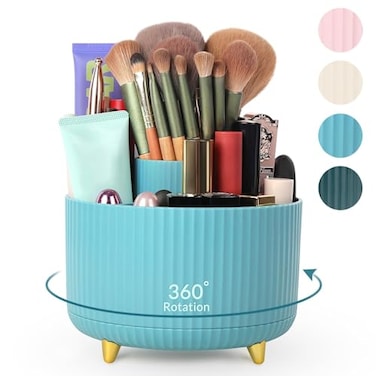 SKYDUE Makeup Organizer Rotating Pencil Pen Holder for Desk DualPurpose Desktop Organizer for Cosmetics Pens Makeup Brush Holder with 5 Slots Pencil Cup for Office Home