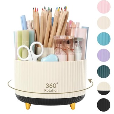 SKYDUE 360 Rotating Organizer DualPurpose Pencil Pen Holder 5Slot Rotating Pencil Cup for Office School Home BeigeBlack