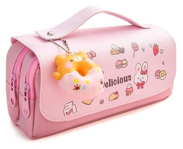 MCWTH Pencil Case for Girls Kids Large Capacity Cute Pencil Box with Compartments School Organizer Pen Pouch Doughnut Pink