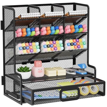 Marbrasse Larger Mesh Desk Organizer with Drawer MultiFunctional Pen Pencil Holder Easy Assembly Desk Organizers and Accessories for Office Art Supplies Black