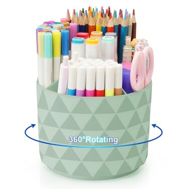Nuozme Desk Organizer 360Degree Rotating Pencil Pen Holders For Desk Diamond Pattern Pen Organizer With 5 Compartments Cute Desk Accessories Decor For Office SchoolHomeArt Supply Green