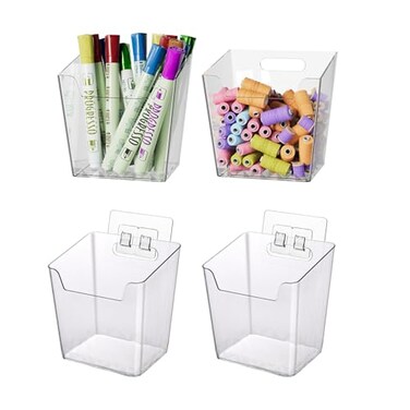 LIGHT DUST Clear Adhesive Wall Storage Bins 4 Pack Cabinet Door Organizer Holders Hanging Wall Mount Pockets Plastic Cups for Shower Bathroom Makeup Office Craft Remote Kitchen Sink RV Organization Sm