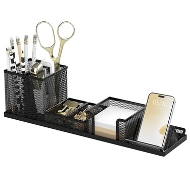 SUPEASY Pen Holder for Desk 6 Piece Mesh Desk Organizer Set for Office Organization with Phone Holder Sticky Notes Caddy Storage for Classroom School Black