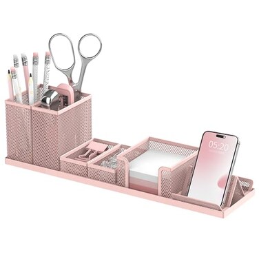 SUPEASY Pen Holder for Desk 6 Piece Mesh Desk Organizer set for Office Organization with Mail Organizer Letter Phone Holder Sticky Notes Caddy Storage Pink