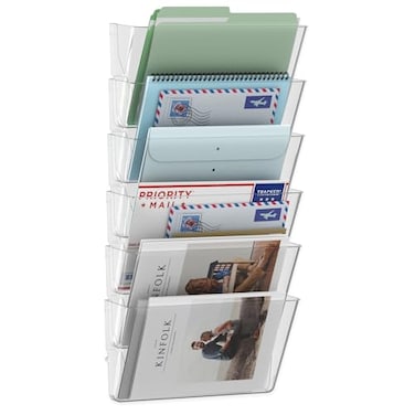 MINDEPOT 6 Pockets Acrylic Wall File Organizer Clear Wall File Holder Plastic Hanging Wall File Holder for Office School and Home Clear
