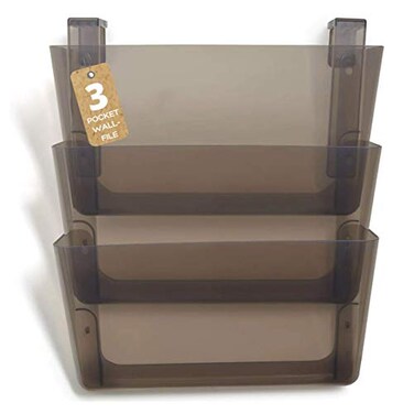 1InTheOffice Wall File Holder Unbreakable 3Pocket Plastic Letter Wall File Plastic Wall Mount File Holder 3 pocket wall file holder Smokey Black 3 Pocket