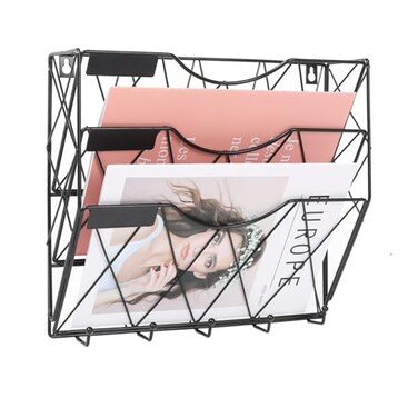 Karsbarwe 3 Tier Wall File Holder Organizer Hanging File Organizer Magazine Rack Wall Mount Paper Folder Holder with 5 Key Holder HooksMetal Black