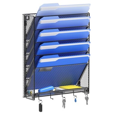 OUTWOLF Hanging Wall File Organizer with Hooks 6 Tier Vertical Wall Mount File Holder Paper Document Mail Organizer for Office