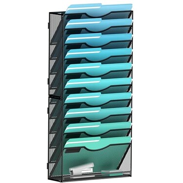 Gawerk 11Tier Wall File Organizer Hanging Wall File Holder Wall Mount Paper Folder Organize Mesh Magazine Document Mail Organizer Wall Organizer for Office School Home Black