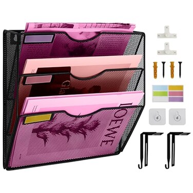 ideallife 3 Pockets Mesh Wall File Holder Organizer Office Hanging File Folder Magazine Rack Nametag Label Hooks Set Included Black