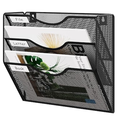 EasyPAG 3 Pocket Mesh Wall File Organizer Hanging Paper Folder Holder with Classify Label Vertical Wall Mount Mail Organizer for Office Home Classroom Black