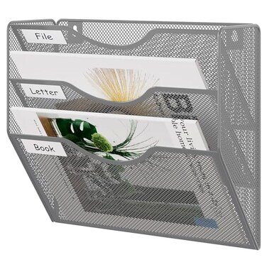 EasyPAG 3 Pocket Mesh Wall File Organizer Hanging Paper Folder Holder with Classify Label Vertical Wall Mount Mail Organizer for Office Home Classroom Silver
