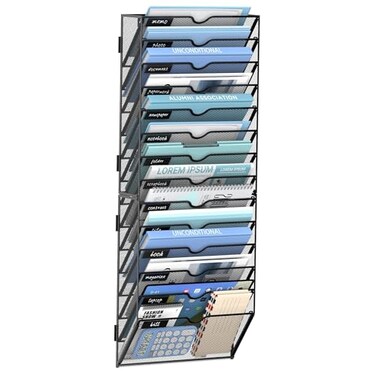 JMHUD 14 Tier Wall Hanging File Organizer Paper Folder Holder Wall Mounted Metal Mail Sorter for Office Home School Black