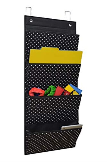 AUVCAS Fabric Over Door Document Organizer Hanging Wall file Organizer Wall Mounted Folder Storage Holder for Office Classroom Home4 Large Cascading Pockets2 Over Door Hooks IncludedBlack Polka Dot